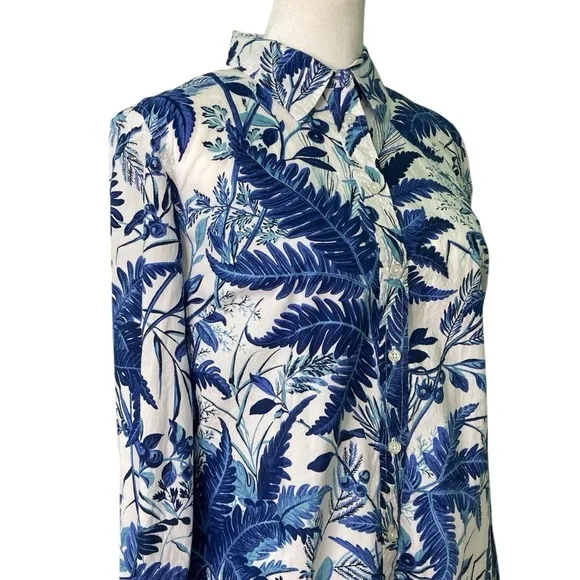 Talbots Cotton Blue & White Fern Print Button Down Shirt Polka Dot Cuff (Size S) - Picture 4 of 10